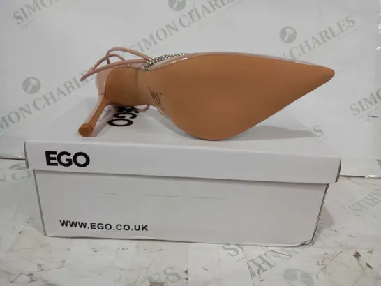 BOXED PAIR OF EGO POINTED CLOSED TOE HEELS IN NUDE COLOUR W. JEWEL EFFECT UK SIZE 4