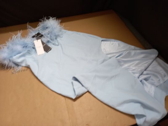 CLUB OF LONDON POWDER BLUE FEATHER TRIM MAXI DRESS WITH CURVED SIDE SPLIT - UK 14