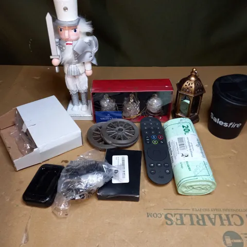 BOX OF ASSORTED ITEMS TO INCLUDE CHRISTMAS DECORATIONS, SKY REMOTE AND BIN LINERS