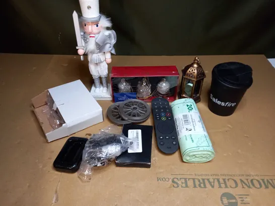 BOX OF ASSORTED ITEMS TO INCLUDE CHRISTMAS DECORATIONS, SKY REMOTE AND BIN LINERS