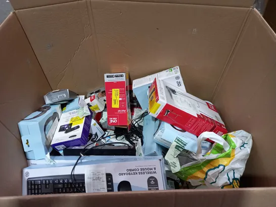 BOX OF APPROXIMATELY 25 ASSORTED ITEMS TO INCLUDE A WIRELESS KEYBOARD, A PERSONAL CD PLAYER AND A LANDLINE