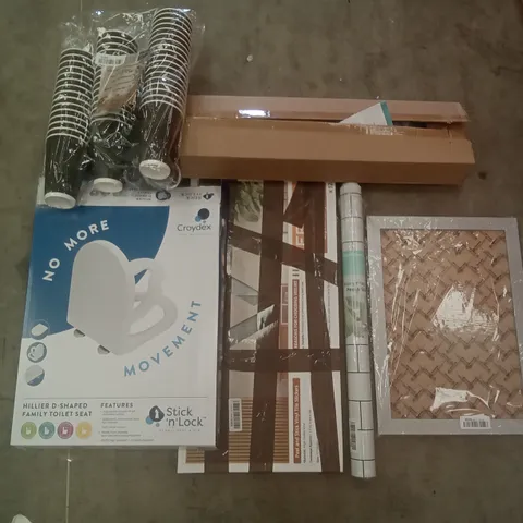 PALLET OF ASSORTED ITEMS INCLUDING CROYDEX TOILET SEAT, PAPER COFFEE CUPS, TOWEL RAIL, PHOTO FRAME, VINYL TILE STICKERS, TANZUOER ROLLER BLIND 