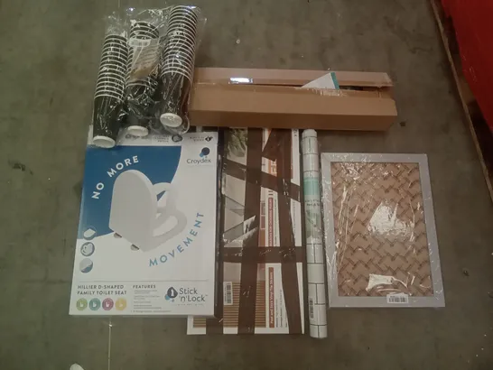 PALLET OF ASSORTED ITEMS INCLUDING CROYDEX TOILET SEAT, PAPER COFFEE CUPS, TOWEL RAIL, PHOTO FRAME, VINYL TILE STICKERS, TANZUOER ROLLER BLIND 