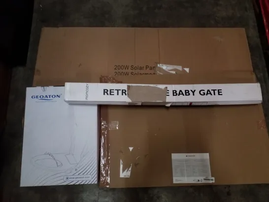 PALLET OF ASSORTED PRODUCTS INCLUDING 200W SOLAR PANEL, RETRACTABLE BABY GATE, TOILET BIDET, MAGNETIC MEMO BOARD