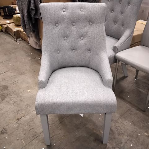 DESIGNER PAIR OF LIGHT GREY FABRIC CHAIRS WITH GREY LEGS 