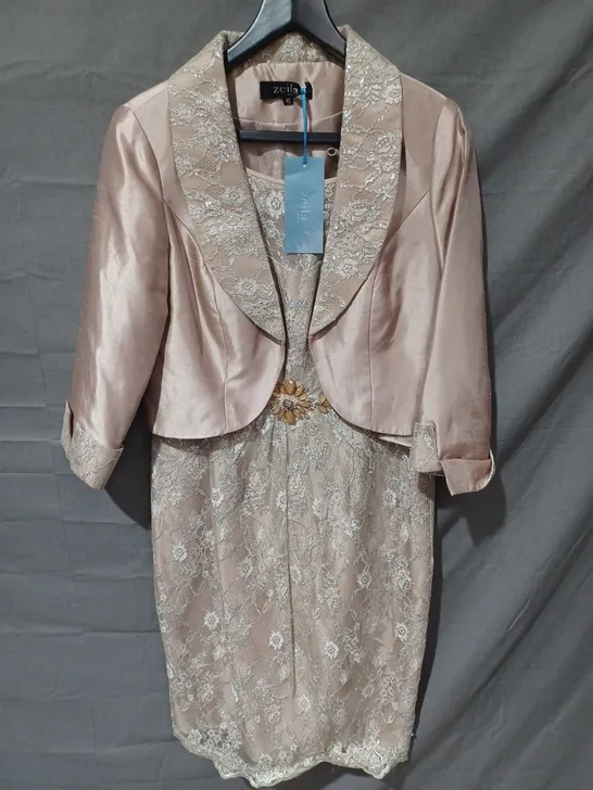 ZEILA COLLECTION TWO PIECE JACKET & DRESS IN FLORAL DESIGN IN NUDE - UK 12