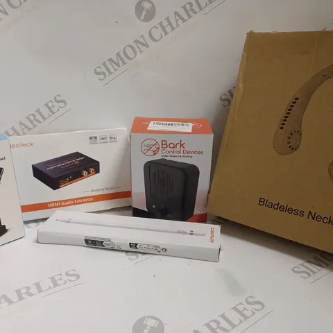 BOX OF 5 ASSORTED ITEMS TO INCLUDE NECK FAN, PHONE STAND, BARK CONTROL DEVICE ETC