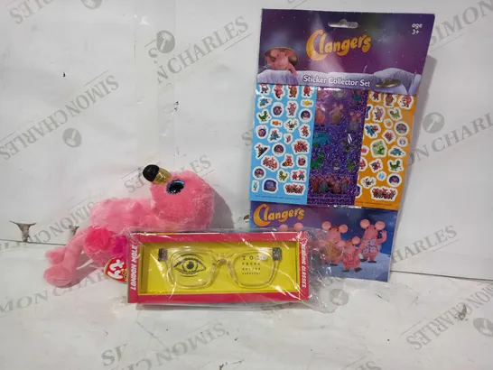 BOX OF APPROXIMATELY 10 ASSORTED TOYS AND GAMES TO INCLUDE CLANGERS STICKER SET, SOFT FLAMINGO PLUSH TOY, LONDON MOLE REAING GLASSES, ETC