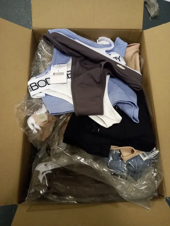 BOX OF BRAND NEW COTTON ON CLOTHING BOX INCLUDES WOMENS UNDERWEAR , BRA'S AND TOPS ALL COMING IN A VARIETY SIZES AND COLOURS 