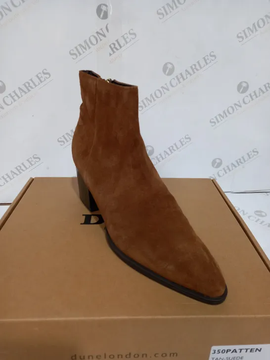 BOXED PAIR OF DUNE LONDON POINTED TOE LOW BLOCK HEEL ANKLE BOOTS IN TAN - SUEDE SIZE 7