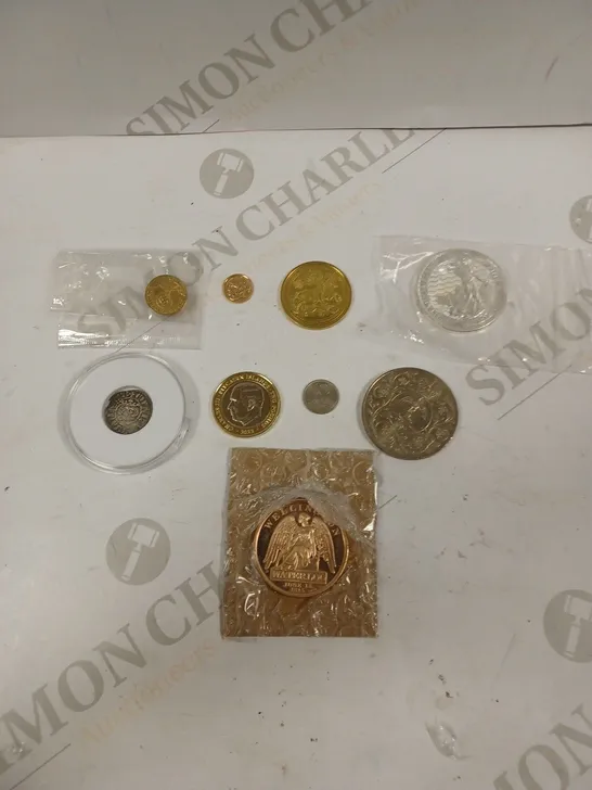 BOX TO CONTAIN APPROX. 9 X ASSORTED HISTORICAL & COLLECTABLE COINS. DESIGNS AND CURRENCIES VARY