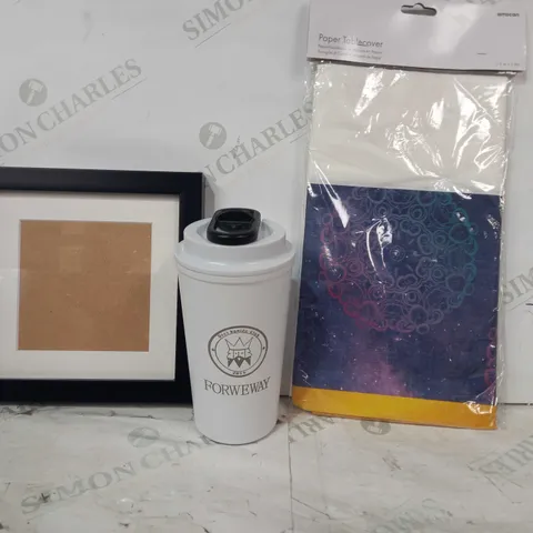 BOX OF APPROXIMATELY 10 ASSORTED HOUSEHOLD ITEMS TO INCLUDE PAPER TABLECOVER, PORTABLE COFFEE CUP, PHOTO FRAME, ETC