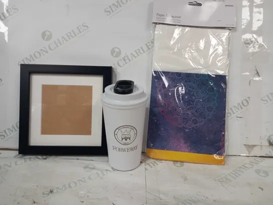 BOX OF APPROXIMATELY 10 ASSORTED HOUSEHOLD ITEMS TO INCLUDE PAPER TABLECOVER, PORTABLE COFFEE CUP, PHOTO FRAME, ETC