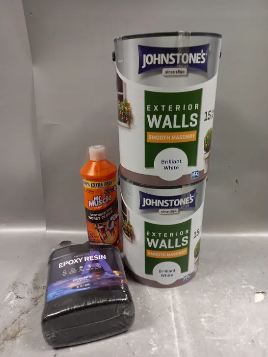 4 X ASSORTED HOUSEHOLD PRODUCTS TO INCLUDE JOHNSTONE'S EXTERIOR WALLS, EPOXY RESIN & MR MUSCLE - COLLECTION ONLY 