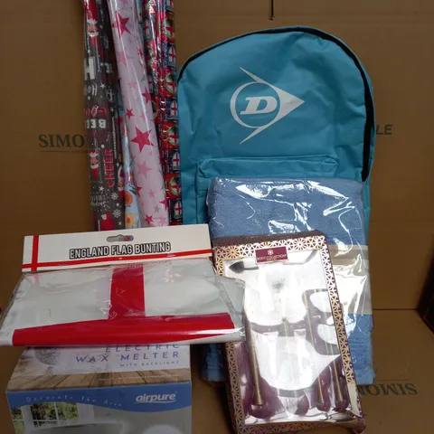 BOX OF ASSORTED ITEMS TO INCLUDE DUNLOP BACKPACK, FROTTANA 3 PIECE SKY BLUE TOWELS, BODY COLLECTION BRUSH SET, AIRPURE ELECTRIC WAX MELTER, GIFT WRAPPING PAPER, ETC.