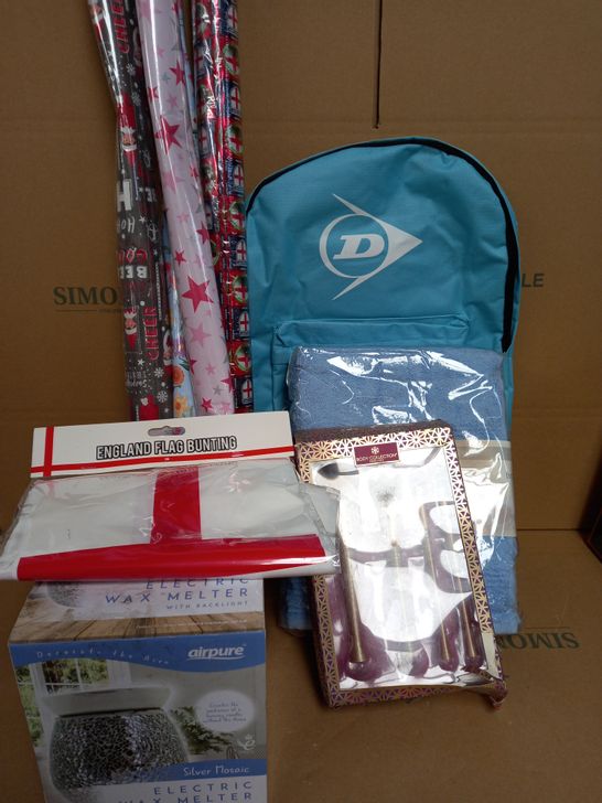 BOX OF ASSORTED ITEMS TO INCLUDE DUNLOP BACKPACK, FROTTANA 3 PIECE SKY BLUE TOWELS, BODY COLLECTION BRUSH SET, AIRPURE ELECTRIC WAX MELTER, GIFT WRAPPING PAPER, ETC.