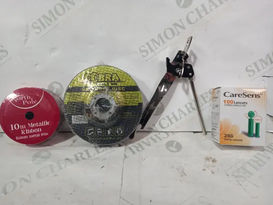 LOT OF APPROXIMATELY 20 ASSORTED HOUSEHOLD ITEMS TO INCLUDE NORTH POLE 10M METALLIC RIBBON, COBRA GRINDING DISC, CAN OPENER, ETC