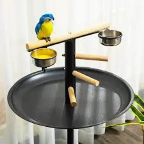 BOXED PAWHUT METAL BIRD TABLE PLAY STAND, BIRD FEEDER STATION PARROT PERCH WITH FOUR WHEELS FEEDING BOWLS ROUND TRAY