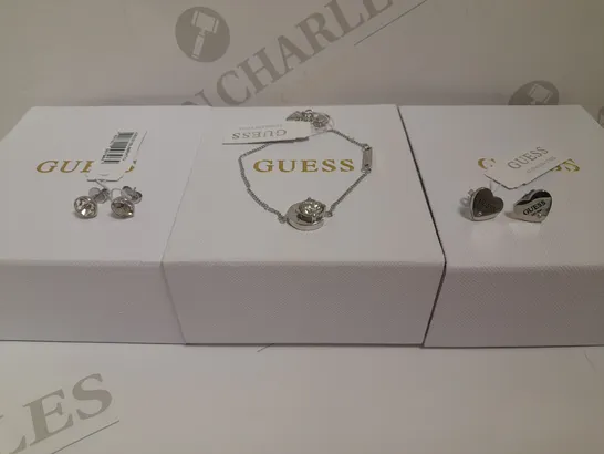 LOT OF 3 ASSORTED GUESS ITEMS TO INCLUDE MOONPHASE BRACELET, SOLITAIRE STUD EARRINGS, PLAIN HEART STUD EARRINGS RRP £107