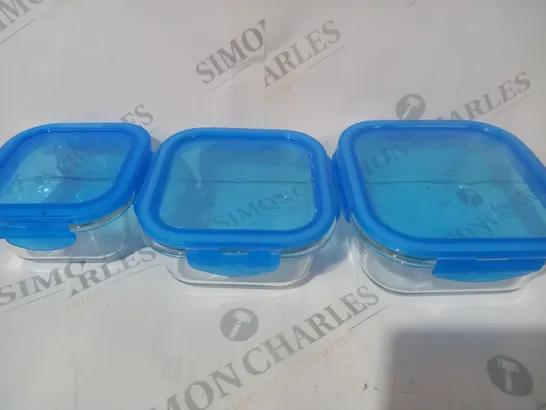 BOXED SET OF 3 LOCK N LOCK GLASS FOOD STORAGE CONTAINERS W. PLASTIC LIDS IN BLUE