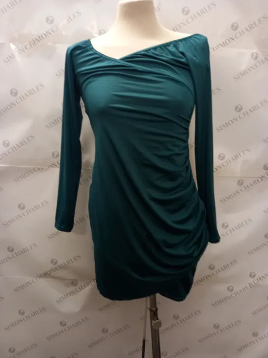 PRETTYLITTLETHING SHAPE EMERALD GREEN RUCHED BODYCON DRESS - 12