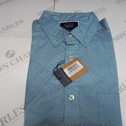 CHARLES TYRWHITT AQUA GREEN DIAMOND NON-IRON STRETCH POPLIN SHIRT - MEDIUM