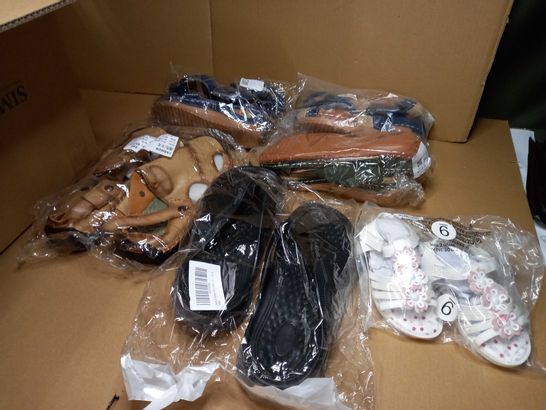 LOT OF APPROXIMATELY 10 SHOES TO INCLUDE: PACKAGE SANDALS, SLIDERS, KIDS SANDALS