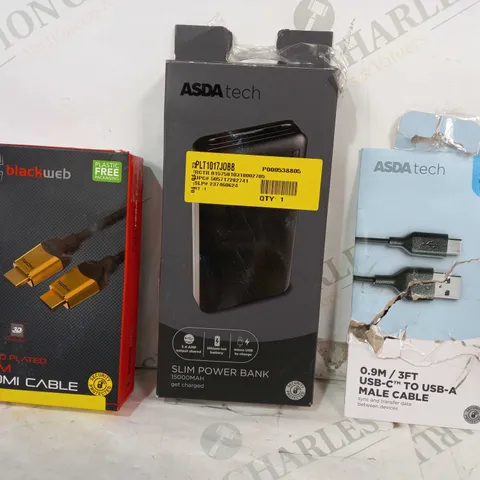 BOX OF APPROXIMATELY 20 ASSORTED ELECTRICAL ITEMS TO INCLUDE ASDA TECH USB-C TO USB-A CABLE, ASDA TECH SLIM POWER BANK, BLACKWEB HDMI CABLE, ETC