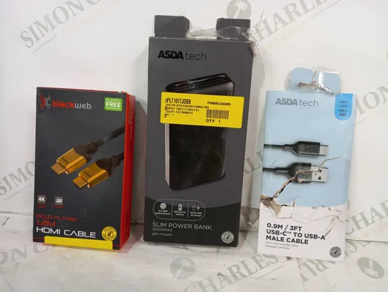 BOX OF APPROXIMATELY 20 ASSORTED ELECTRICAL ITEMS TO INCLUDE ASDA TECH USB-C TO USB-A CABLE, ASDA TECH SLIM POWER BANK, BLACKWEB HDMI CABLE, ETC