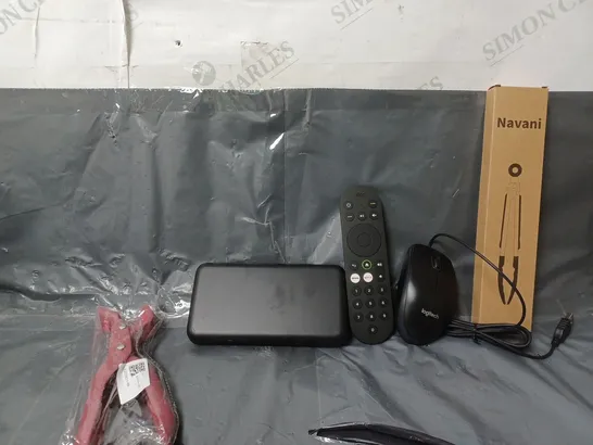 BOX OF APPROXIMATELY 12 ASSORTED ITEMS TO INCLUDE - LOGITECH WIRELESS MOUSE , NAVANI TONGUES , EE TC BOX MINI ETC 