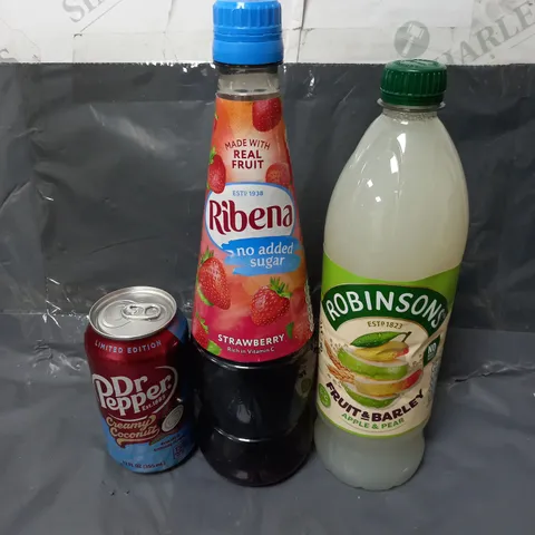 APPROXIMATELY 8 ASSORTED FOOD & DRINK ITEMS TO INCLUDE - ROBINSONS APPLE & PEAR CORDIAL - RIBENA STRAWBERRY - DR PEPPER CREAMY COCONUT - COLLECTION ONLY