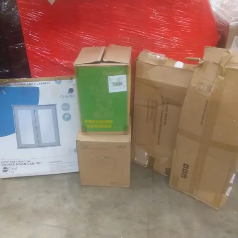 PALLET OF ASSORTED ITEMS INCLUDING DOUBLE DOOR CABINET, PRESSURE WASHER, RICE COOKER, PLANT DISPLAY UNIT, COAT STAND