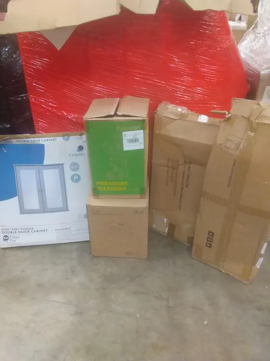 PALLET OF ASSORTED ITEMS INCLUDING DOUBLE DOOR CABINET, PRESSURE WASHER, RICE COOKER, PLANT DISPLAY UNIT, COAT STAND