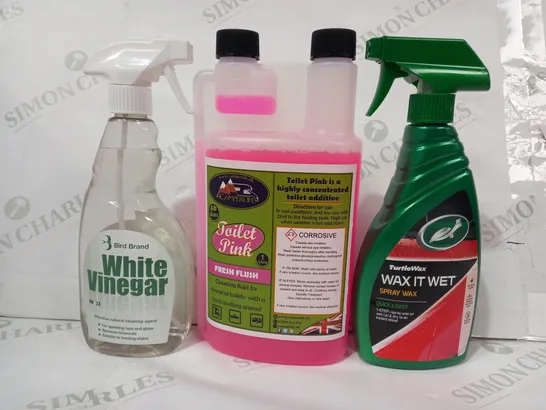 LOT OF APPROXIMATELY 10 ASSORTED HOUSEHOLD ITEMS TO INCLUDE TURTLEWAX WAX IT WET, TOILET PINK FRESH FLUSH, BIRD BRAND WHITE VINEGAR, ETC