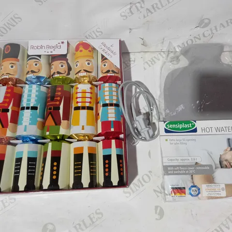 BOX OF APPROXIMATELY 5 ASSORTED HOUSEHOLD ITEMS TO INCLUDE ROBIN REED SET OF CHRISTMAS CRACKERS, RD SET DBI SOFT REUSABLE SENSOR, SENSIPLAST HOT WATER BOTTLE, ETC