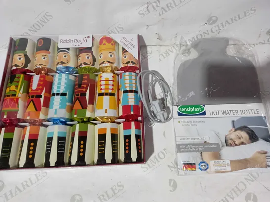 BOX OF APPROXIMATELY 5 ASSORTED HOUSEHOLD ITEMS TO INCLUDE ROBIN REED SET OF CHRISTMAS CRACKERS, RD SET DBI SOFT REUSABLE SENSOR, SENSIPLAST HOT WATER BOTTLE, ETC