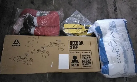 PALLET OF ASSORTED ITEMS INCLUDING  REEBOK STEP, CLASSIC HOLLOWFIBRE PILLOW PAIR, 120CM SANTA ON A LADDER, CRESSI FLIPPERS