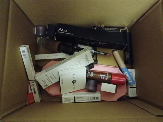 BOX OF APPROXIMATELY 20 ITEMS TO INCLUDE MAX FACTOR FOUNDATION, LORD&BERRY CREAM BRONZER, MADARA MAKE UP REMOVER