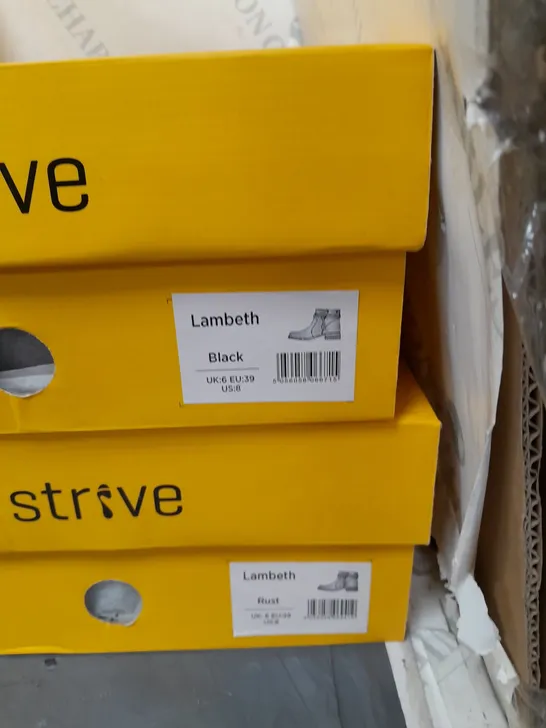 10 PAIRS OF BOXED STRIVE BOOTS IN VARIOUS SIZES AND COLOURS