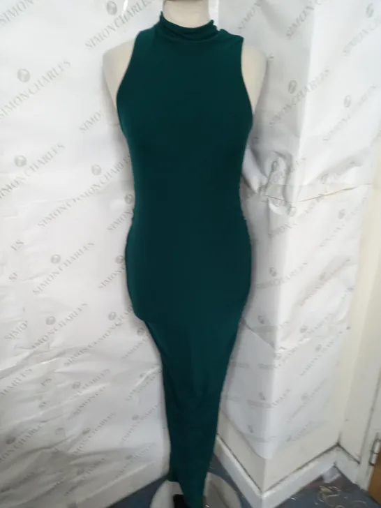 CLUB LONDON ANIKA HIGH NECK SLEEVELESS SPLIT MATERNITY MAXI DRESS IN BOTTLE GREEN SIZE 8