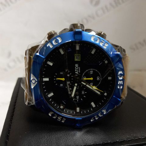 LATOR CALIBRE BLUE & YELLOW CHRONOGRAPH STYLE LEATHER STRAP WATCH