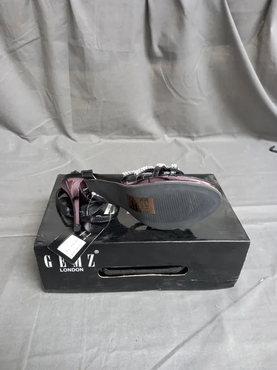 BOX OF APPROX 12 PAIRS OF GEMS RHINESTONE STRAP HEELS IN BLACK - VARIOUS SIZES