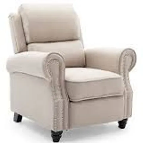 BOXED DESIGNER BEIGE FABRIC PUSHBACK RECLINING EASY CHAIR 