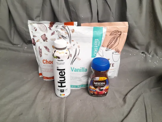 17 ASSORTED FOOD ITEMS TO INCLUDE HUEL VANILLA, CHOCOLATE SHAKE POWDER, VANILLA SHAKE POWDER, KETO HOT CHOCOLATE POWDER AND NESCAFE ORIGINAL DECAF COFFEE- COLLECTION ONLY