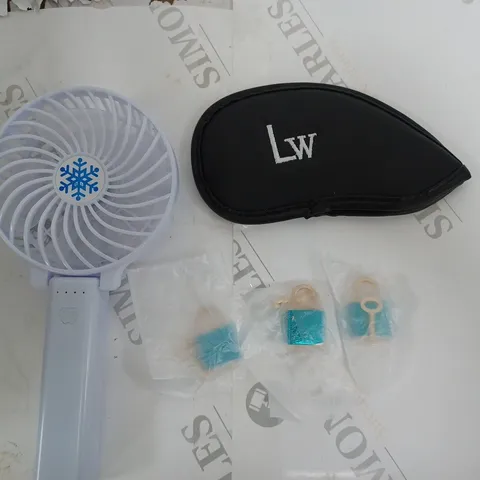 BOX OF ASSORTED HOUSEHOLD ITEMS TO INCLUDE HANDHELD MINI FAN, STORAGE POUCHES, MINIATURE PADLOCKS, ETC