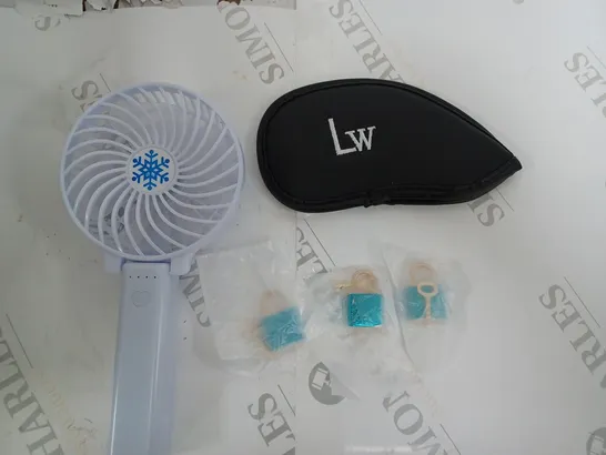 BOX OF ASSORTED HOUSEHOLD ITEMS TO INCLUDE HANDHELD MINI FAN, STORAGE POUCHES, MINIATURE PADLOCKS, ETC