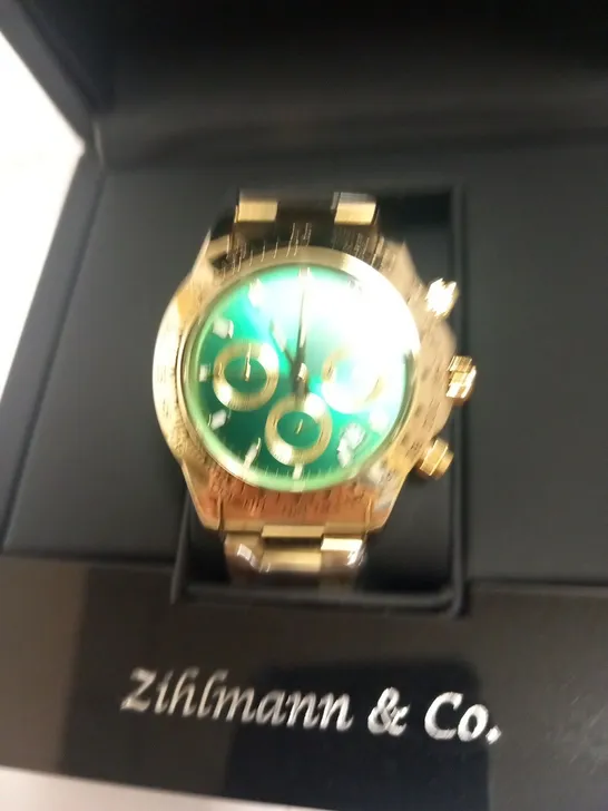 MENS ZIHLMANN & Co Z400 WATCH – CHRONOGRAPH MOVEMENT – GOLD COLOUR STAINLESS STEEL STRAP – GREEN DIAL – 3ATM WATER RESISTANT 