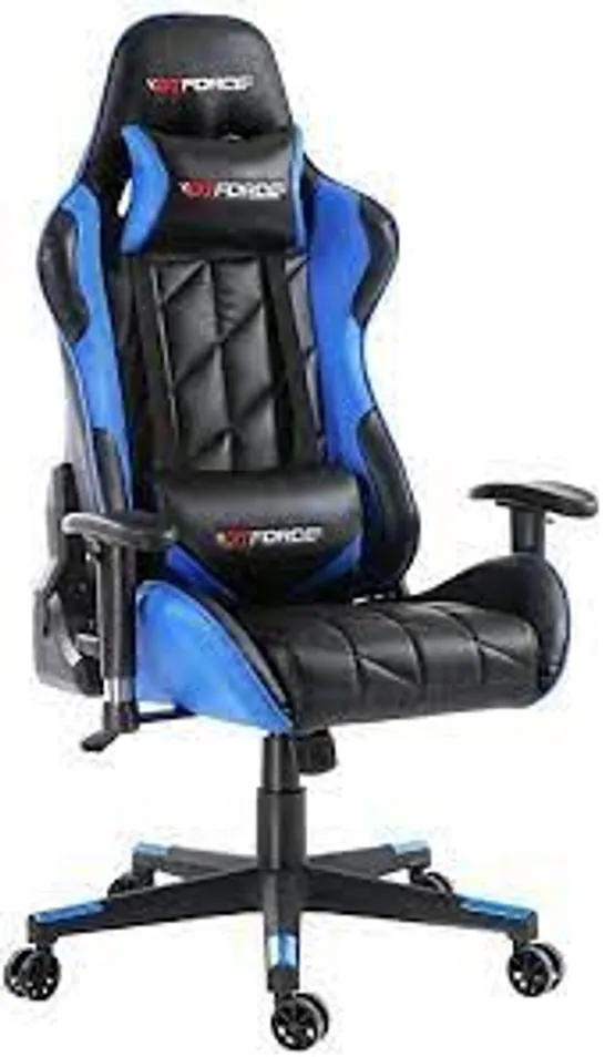 BOXED GT FORCE PRO GT LEATHER RACING SPORTS OFFICE CHAIR IN BLACK & BLUE (1 BOX)