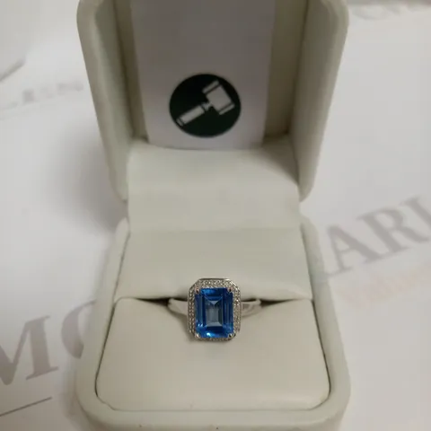 DESIGNER 9CT WHITE GOLD BLUE TOPAZ & DIAMOND HALO RING, WEIGHT +-2.09CT