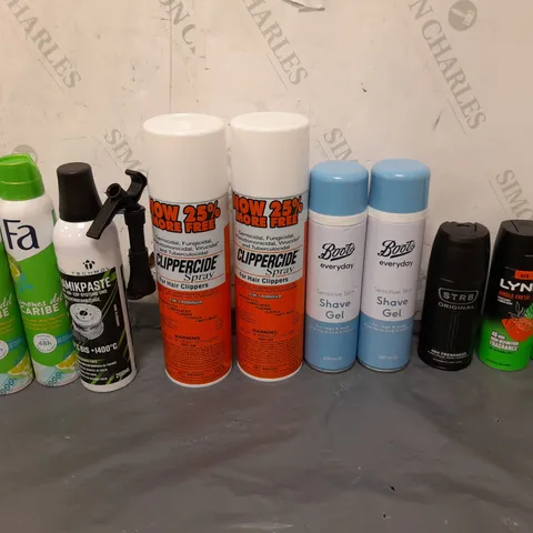 APPROXIMATELY 12 ASSORTED AEROSOLS TO INCLUDE LYNX JUNGLE FRESH, BOOTS SHAVING GEL, AND CLIPPERCIDE ETC. 